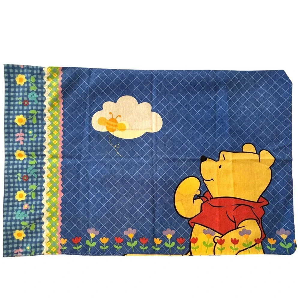 Vintage Disney Winnie the Pooh Twin Flat Sheet & Pillowcase Set 90s White Blue